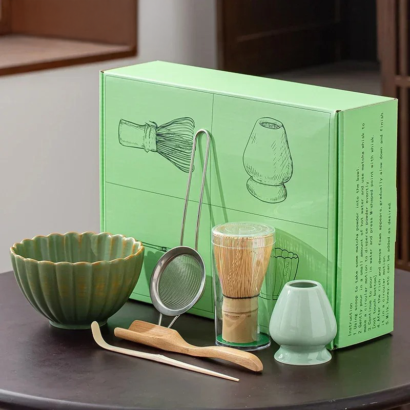 6-Piece Traditional Matcha Ceremony Set 500ml Ceramic Bowl Bamboo Whisk Stainless Steel Sieve