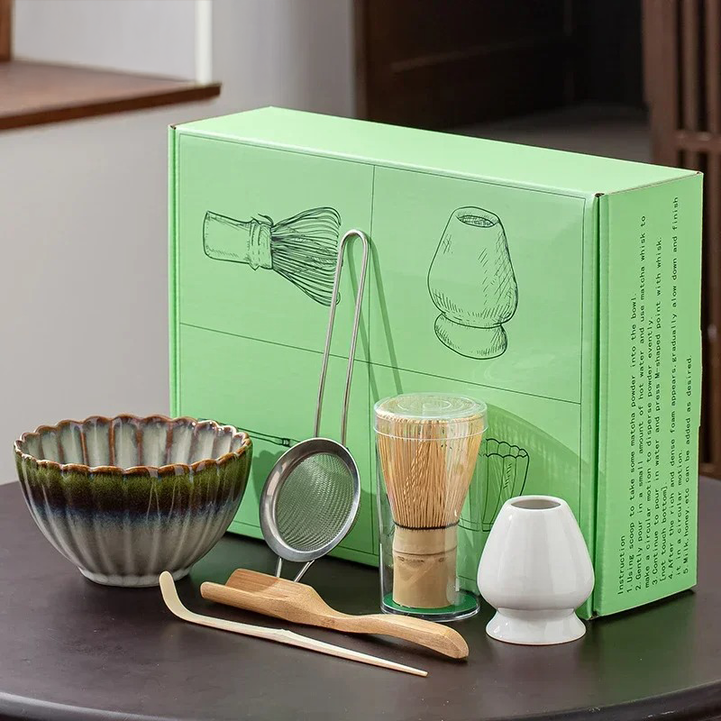 6-Piece Traditional Matcha Ceremony Set 500ml Ceramic Bowl Bamboo Whisk Stainless Steel Sieve