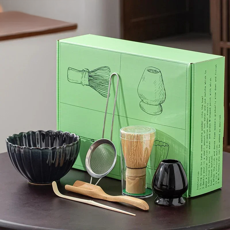 6-Piece Traditional Matcha Ceremony Set 500ml Ceramic Bowl Bamboo Whisk Stainless Steel Sieve