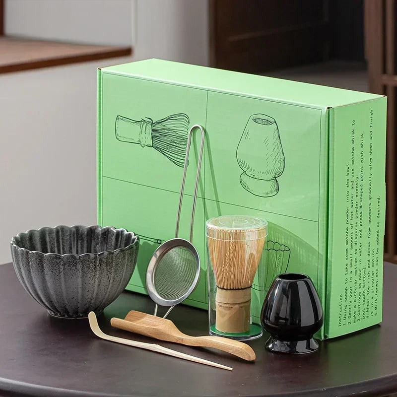 6-Piece Traditional Matcha Ceremony Set 500ml Ceramic Bowl Bamboo Whisk Stainless Steel Sieve