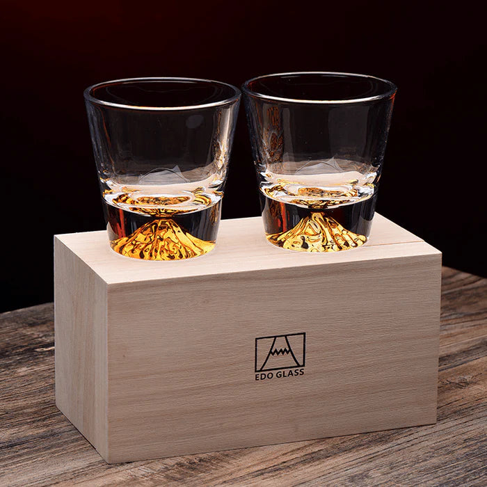 Chamvin Mount Fuji Edo Kiriko Whisky Glass Set with Wooden Box