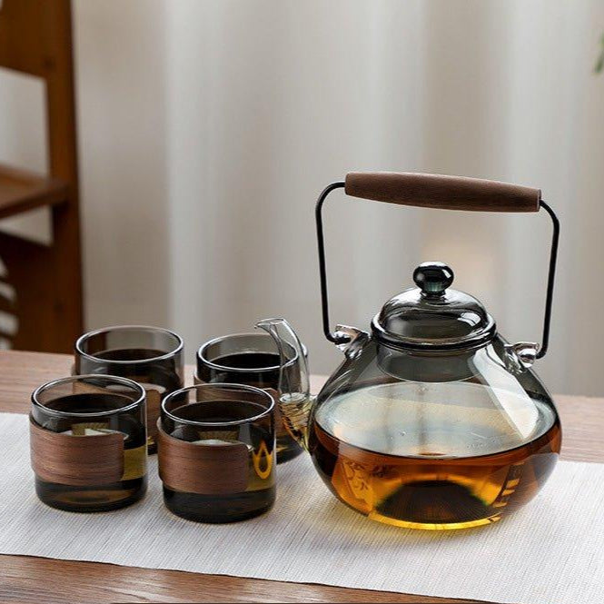 5-Piece Wood & Glass Tea Set Wooden-Handled Teapot + 4 Teacups
