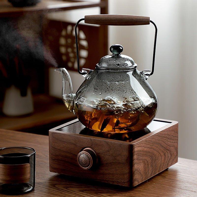 5-Piece Wood & Glass Tea Set Wooden-Handled Teapot + 4 Teacups