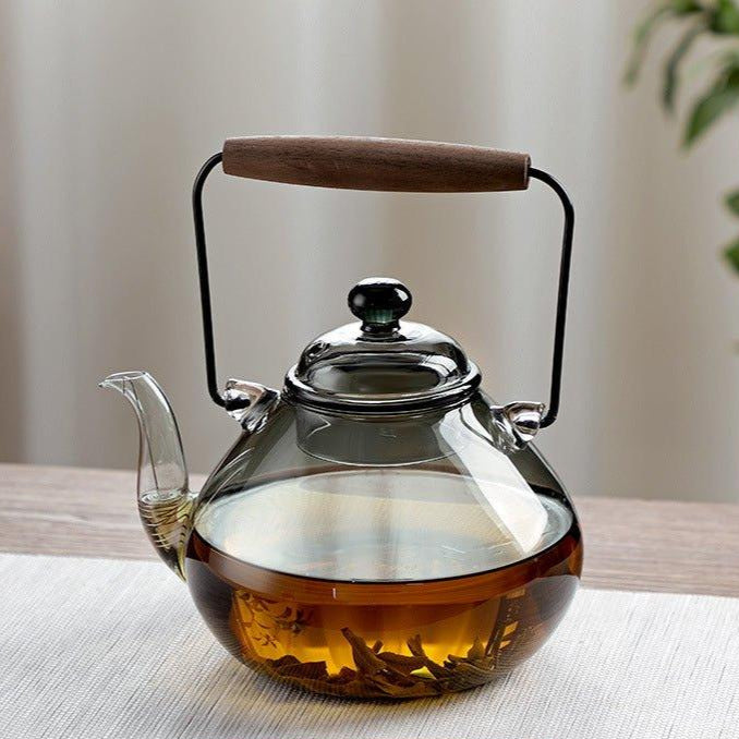 5-Piece Wood & Glass Tea Set Wooden-Handled Teapot + 4 Teacups