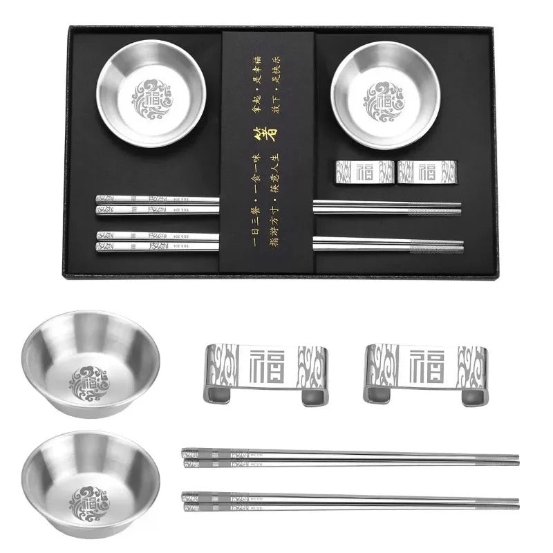 304 Stainless Steel Chopsticks Gift Set – Reusable Metal Korean Sushi Sticks & Bowls for Healthy Tableware