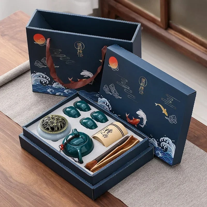 Kungfu Tea Set with Incense Burner – Chinese Ceramic Gift Box (One Pot, Four Cups, Sandalwood Stove)