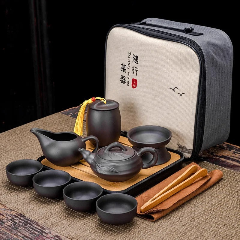 Chinese Kung Fu Tea Set with Portable Case, Ceramic Teapot & Cups