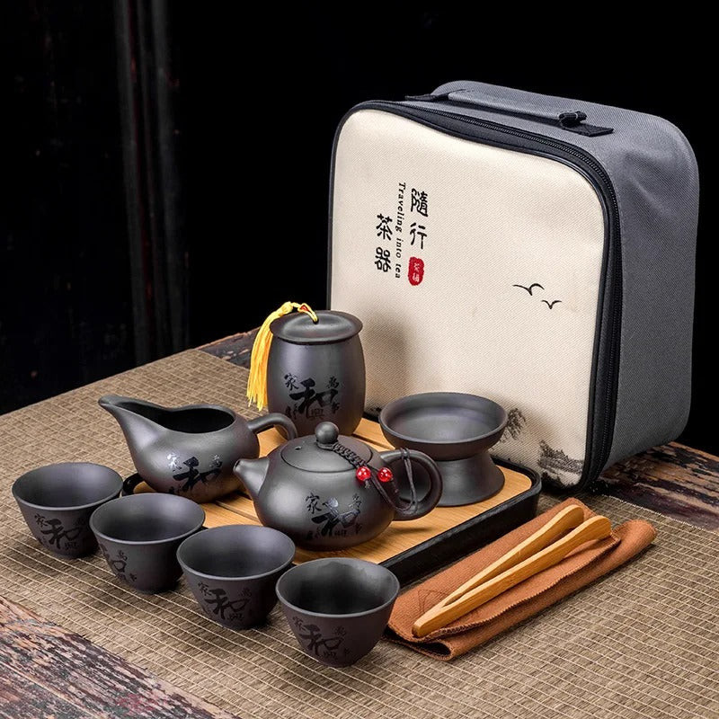 Chinese Kung Fu Tea Set with Portable Case, Ceramic Teapot & Cups