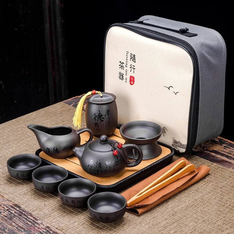 Chinese Kung Fu Tea Set with Portable Case, Ceramic Teapot & Cups