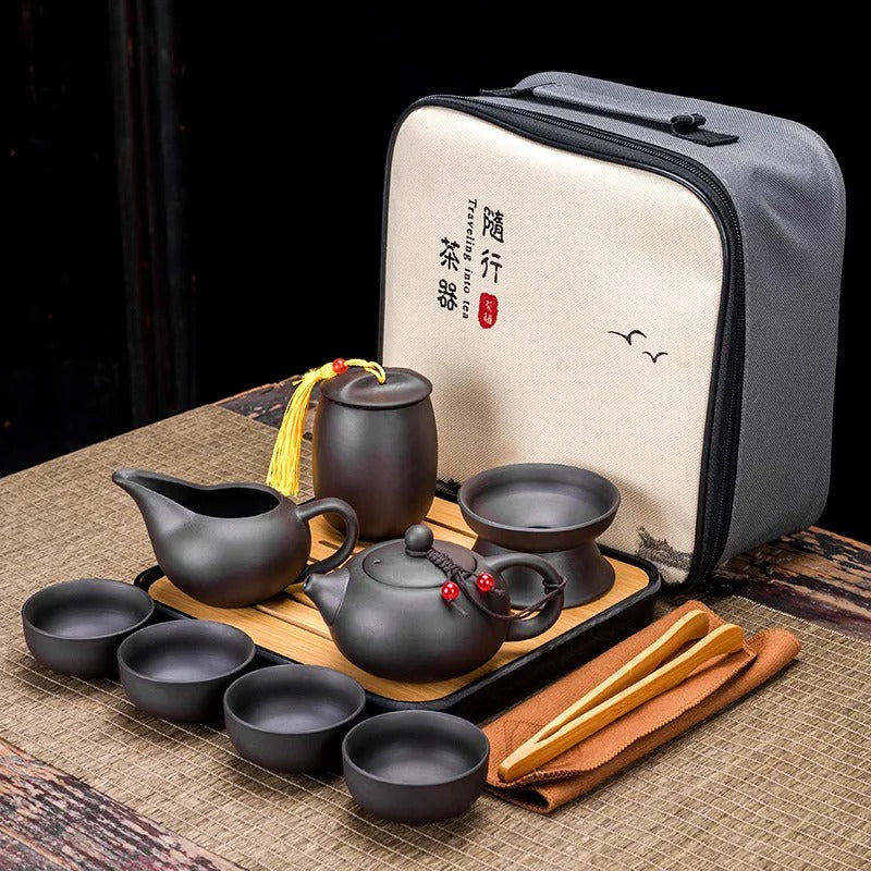 Chinese Kung Fu Tea Set with Portable Case, Ceramic Teapot & Cups