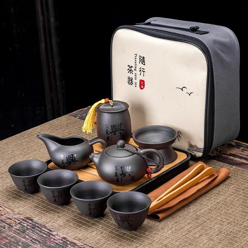 Chinese Kung Fu Tea Set with Portable Case, Ceramic Teapot & Cups