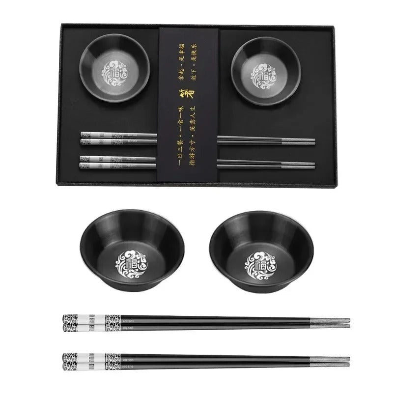 304 Stainless Steel Chopsticks Gift Set – Reusable Metal Korean Sushi Sticks & Bowls for Healthy Tableware