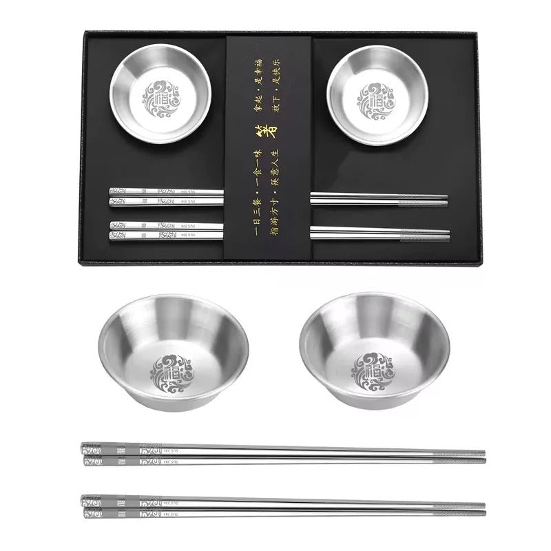 304 Stainless Steel Chopsticks Gift Set – Reusable Metal Korean Sushi Sticks & Bowls for Healthy Tableware