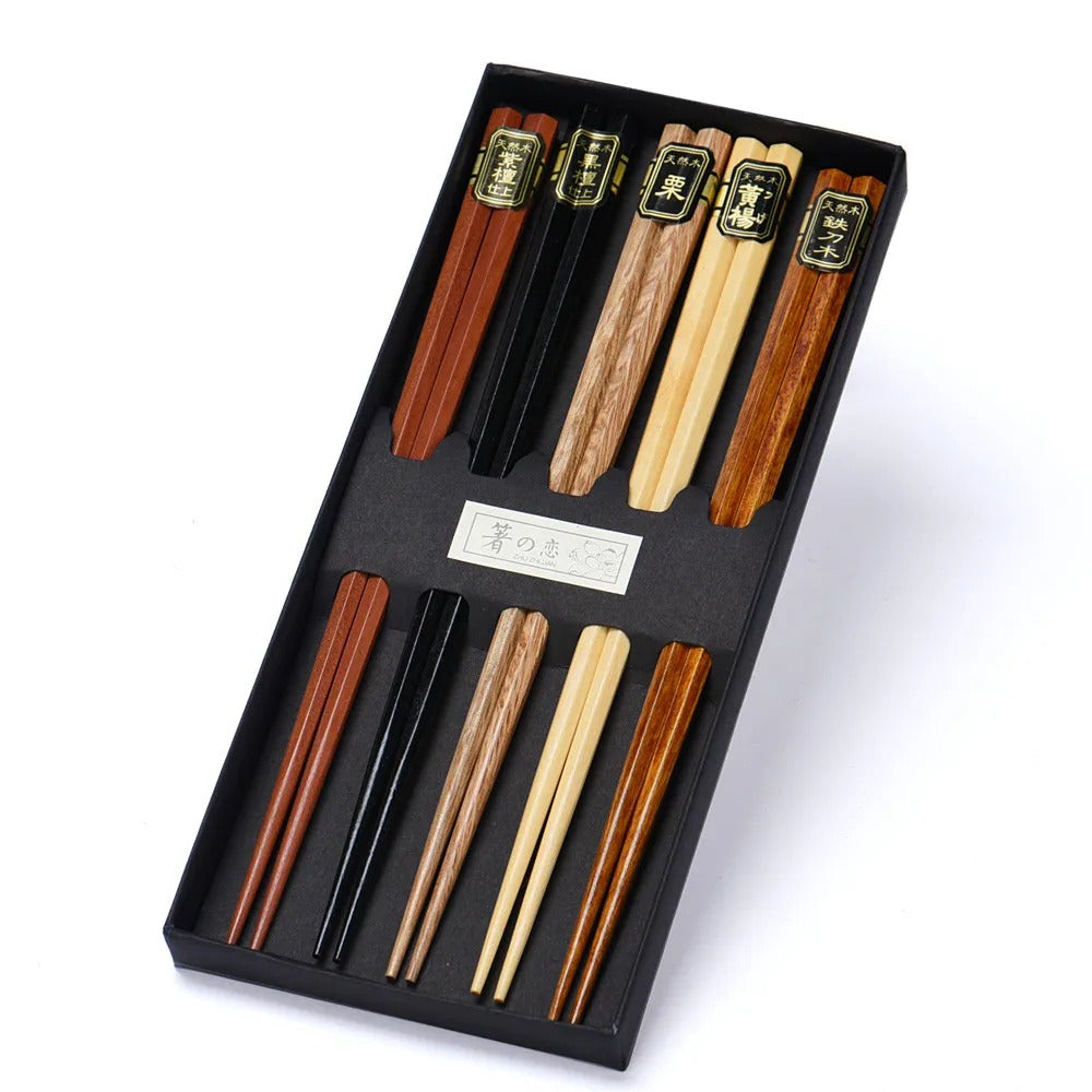 5 Pair Japanese Style Wood Chopsticks Reusable Natural + Gift Box
