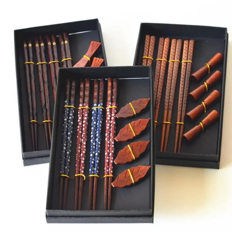 5-Pair Japanese Wooden Chopstick Gift Set Housewarming Pack with Holders & Handmade Artwork