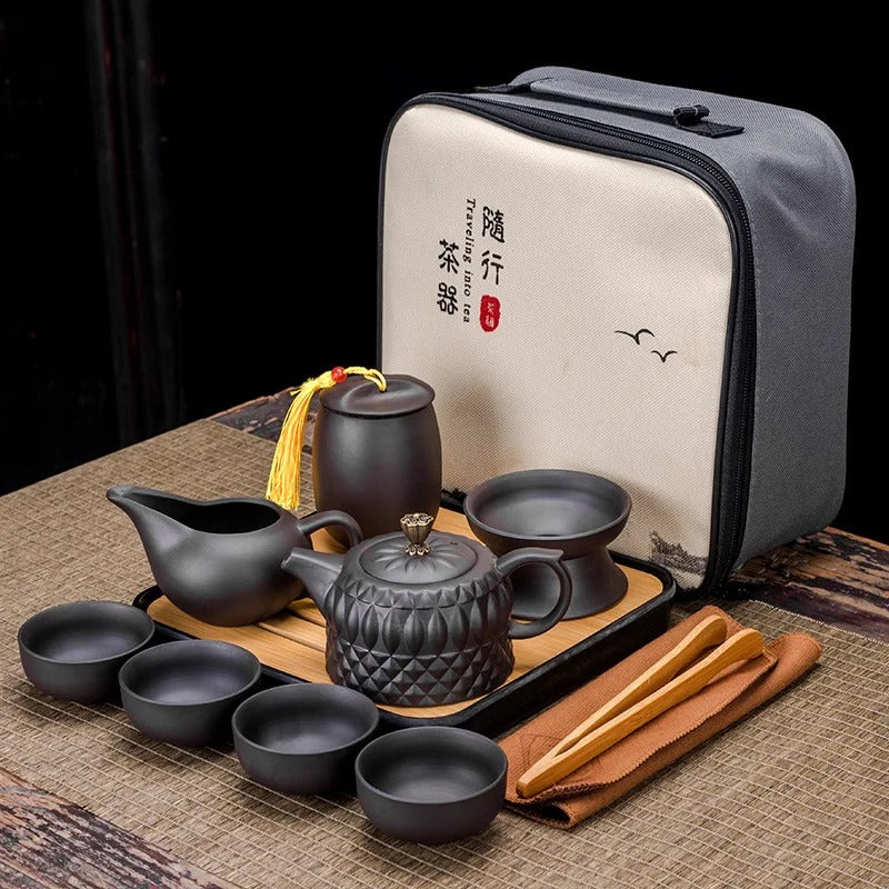 Chinese Kung Fu Tea Set with Portable Case, Ceramic Teapot & Cups