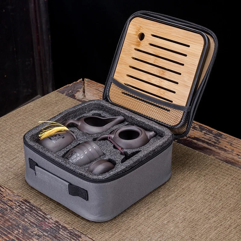 Chinese Kung Fu Tea Set with Portable Case, Ceramic Teapot & Cups