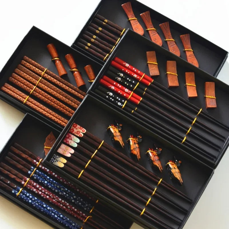 5-Pair Japanese Wooden Chopstick Gift Set Housewarming Pack with Holders & Handmade Artwork