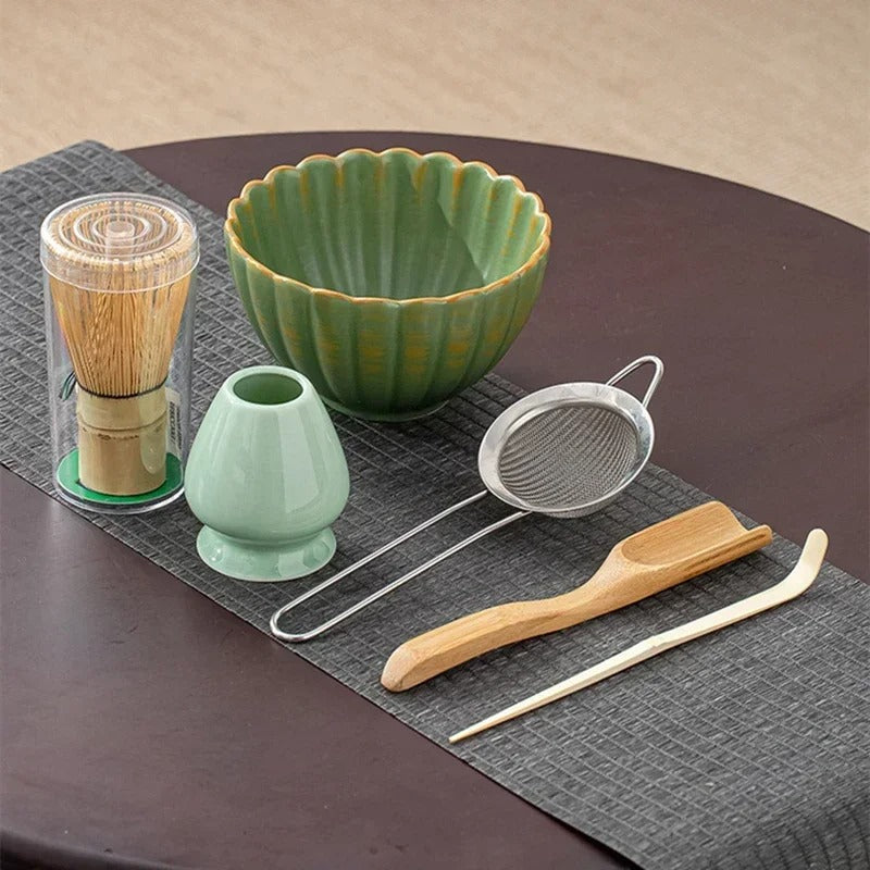 6-Piece Traditional Matcha Ceremony Set 500ml Ceramic Bowl Bamboo Whisk Stainless Steel Sieve