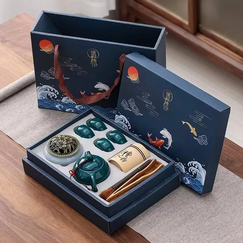 Kungfu Tea Set with Incense Burner – Chinese Ceramic Gift Box (One Pot, Four Cups, Sandalwood Stove)