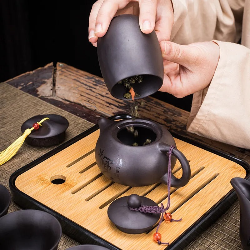 Chinese Kung Fu Tea Set with Portable Case, Ceramic Teapot & Cups