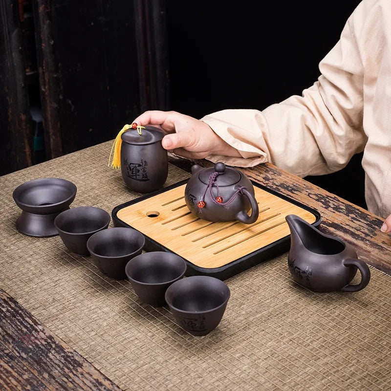 Chinese Kung Fu Tea Set with Portable Case, Ceramic Teapot & Cups