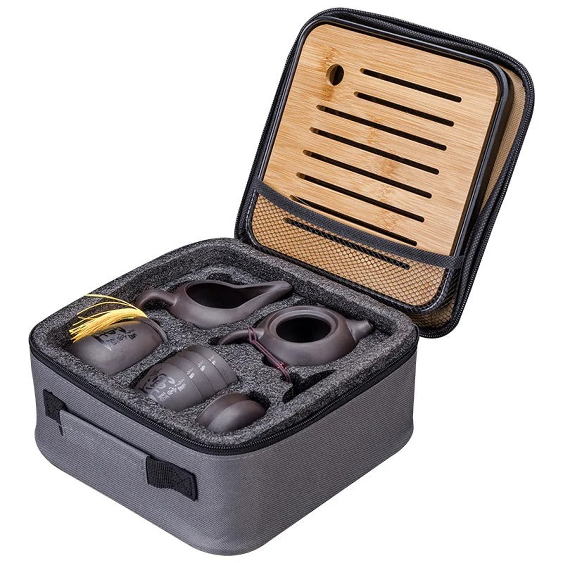 Chinese Kung Fu Tea Set with Portable Case, Ceramic Teapot & Cups