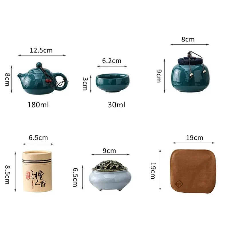 Kungfu Tea Set with Incense Burner – Chinese Ceramic Gift Box (One Pot, Four Cups, Sandalwood Stove)