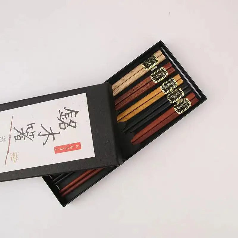 5 Pair Japanese Style Wood Chopsticks Reusable Natural + Gift Box