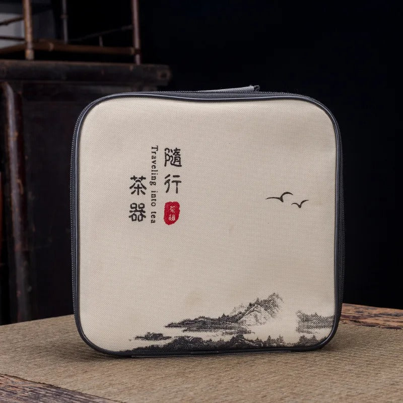 Chinese Kung Fu Tea Set with Portable Case, Ceramic Teapot & Cups