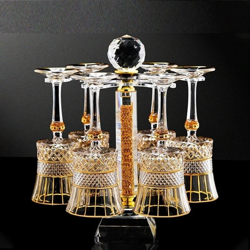 Exquisite Crystal Rotating Decanter + 6 Glasses + Holder