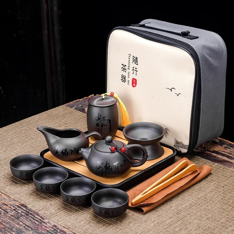 Chinese Kung Fu Tea Set with Portable Case, Ceramic Teapot & Cups