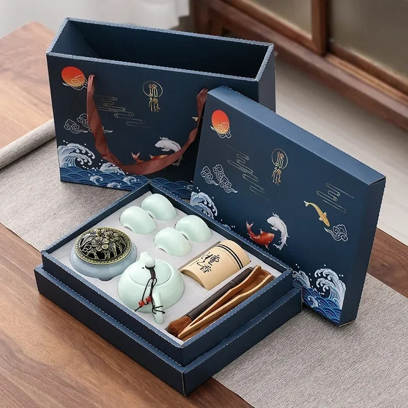 Kungfu Tea Set with Incense Burner – Chinese Ceramic Gift Box (One Pot, Four Cups, Sandalwood Stove)