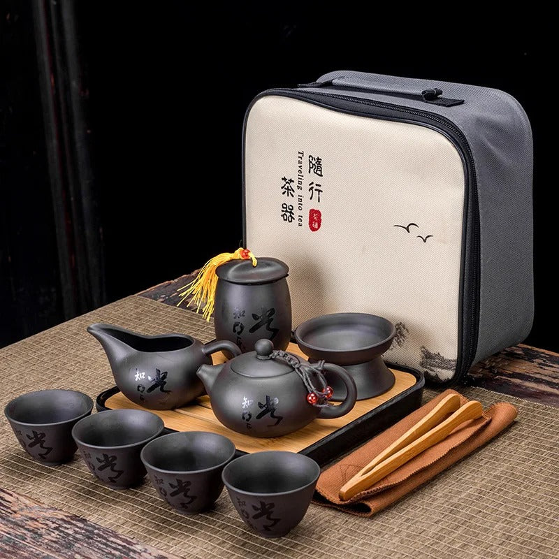 Chinese Kung Fu Tea Set with Portable Case, Ceramic Teapot & Cups