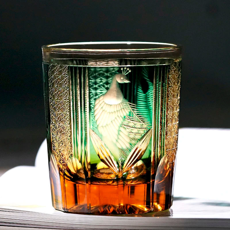 Luxury Japanese Edo Kiriko Glass - Crystal Whiskey Tumbler - Handmade Engraved Peacock Design