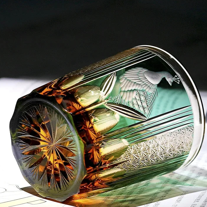 Luxury Japanese Edo Kiriko Glass - Crystal Whiskey Tumbler - Handmade Engraved Peacock Design