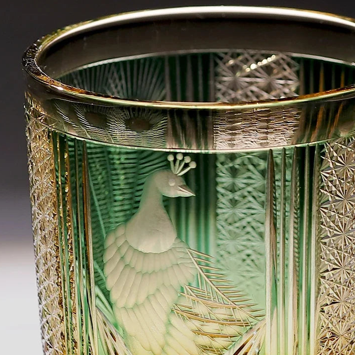 Luxury Japanese Edo Kiriko Glass - Crystal Whiskey Tumbler - Handmade Engraved Peacock Design