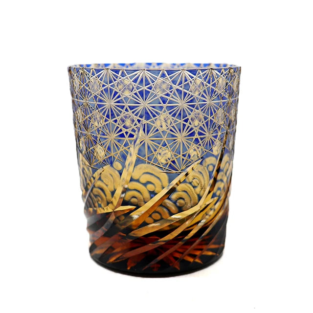 Edo Kiriko Glass - Bohemian Engraved Whiskey Glass - Hand-Colored Whisky Tumbler with Gift Box