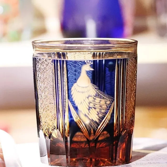 Luxury Japanese Edo Kiriko Glass - Crystal Whiskey Tumbler - Handmade Engraved Peacock Design