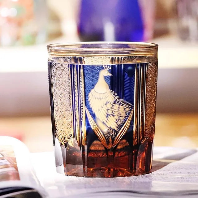 Luxury Japanese Edo Kiriko Glass - Crystal Whiskey Tumbler - Handmade Engraved Peacock Design