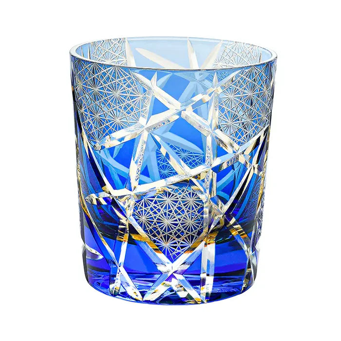 Edo Kiriko Handcrafted Blue Lightning Whisky Glass with Wooden Box