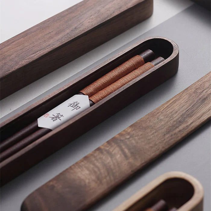 Black Walnut Chopsticks with Decorative Thread in Wooden Gift Box