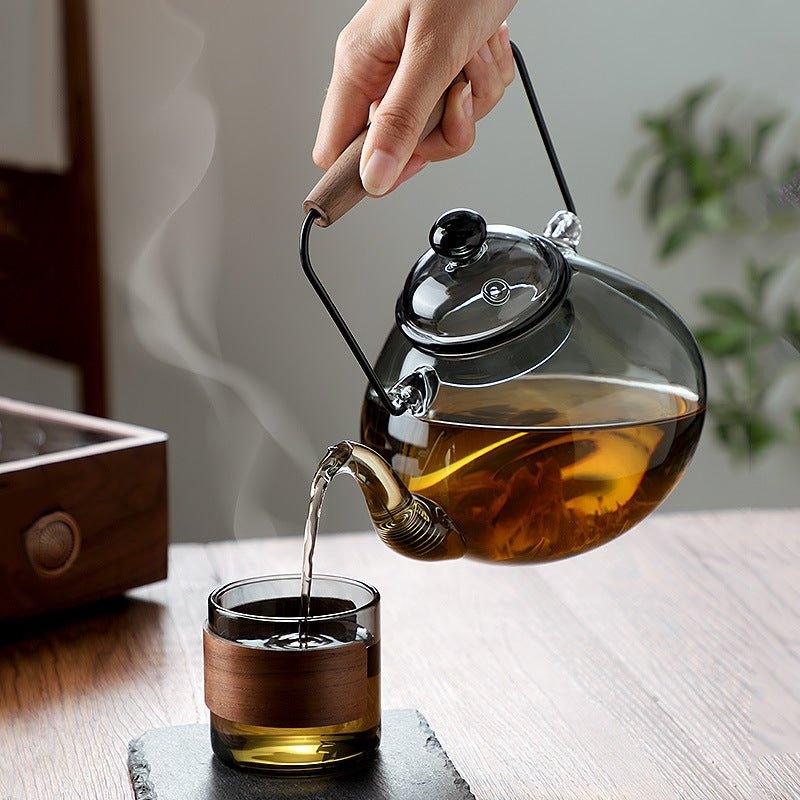 5-Piece Wood & Glass Tea Set Wooden-Handled Teapot + 4 Teacups