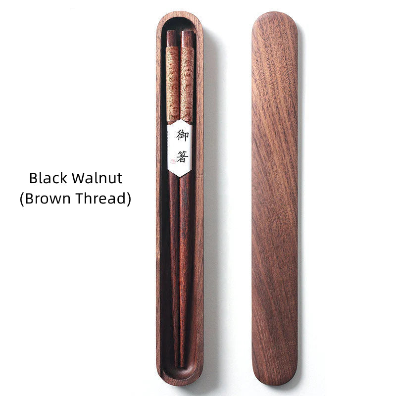 Black Walnut Chopsticks with Decorative Thread in Wooden Gift Box