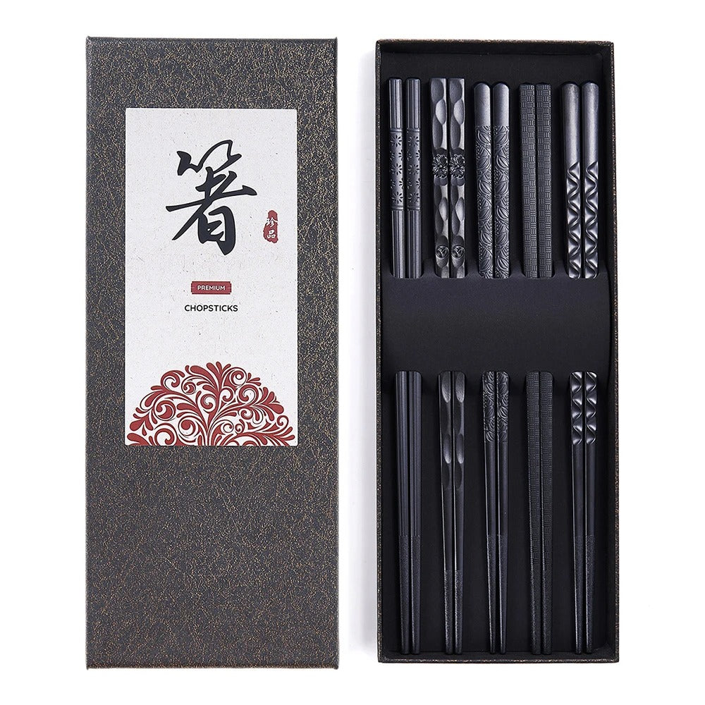 5 Pairs Reusable Japanese Chopsticks,Premium Black Fiberglass