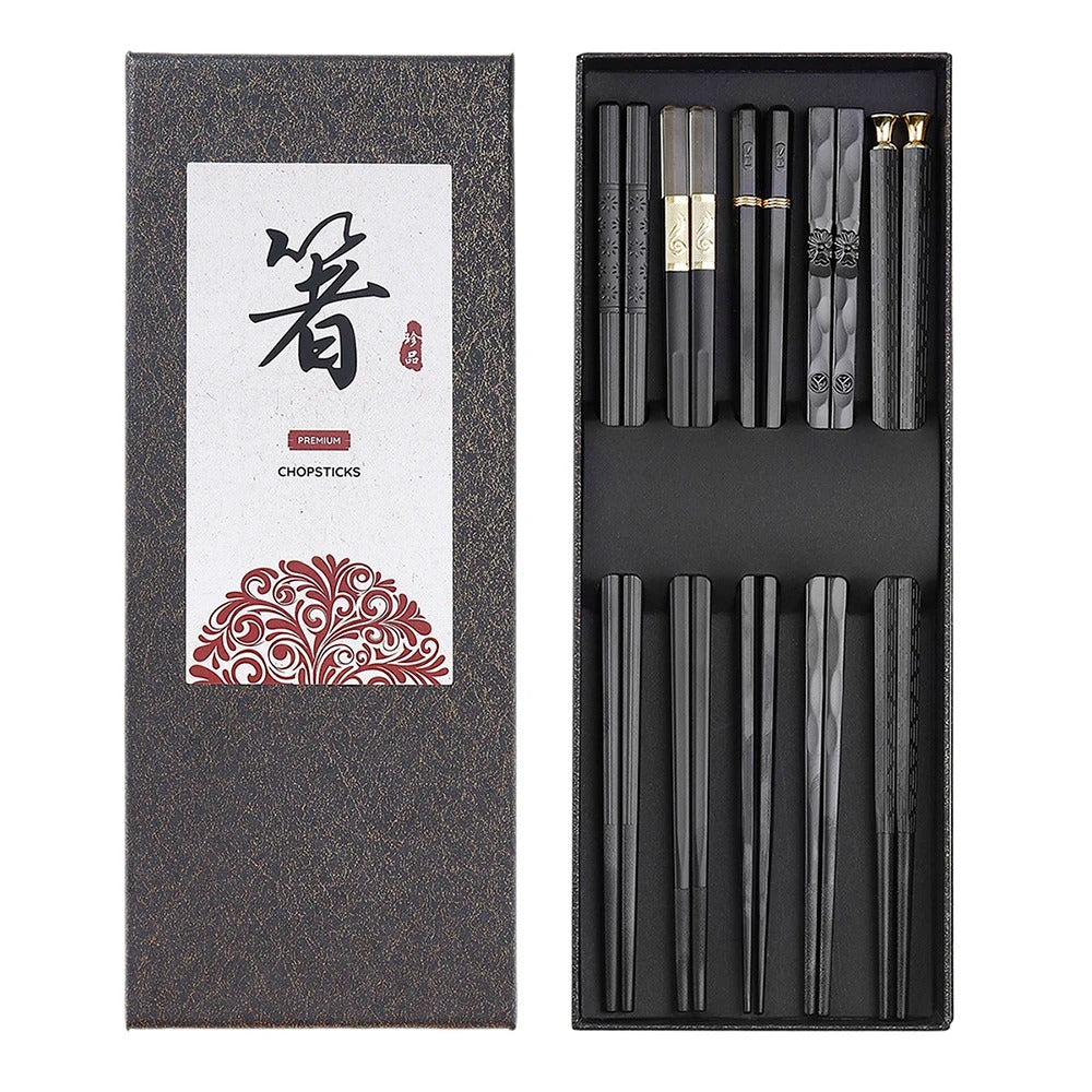 5 Pairs Reusable Japanese Chopsticks,Premium Black Fiberglass