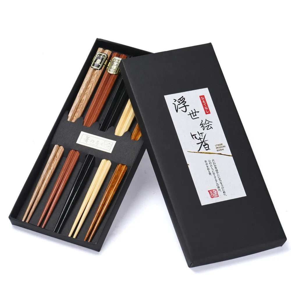 5 PairJapanese Style Wood Chopsticks Reusable Natural + Gift Box